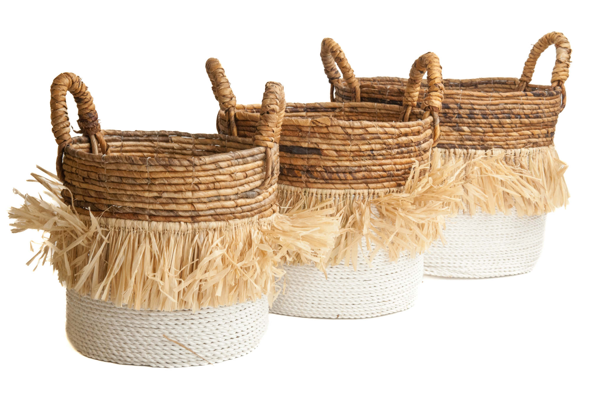 Zeegras raffia gevlochten mand natural/wit M