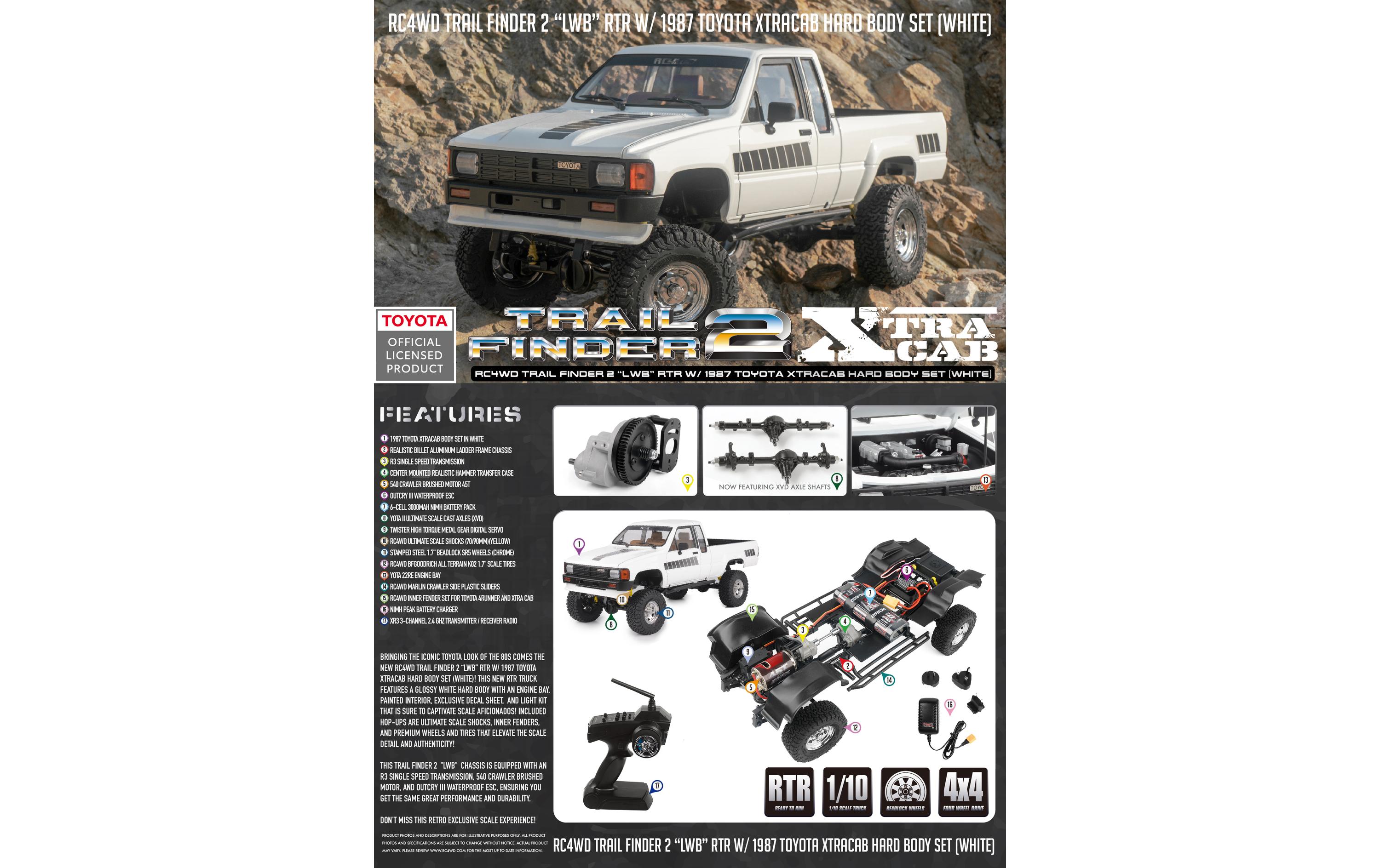 Scale Crawler Trail Finder 2 LWB Toyota XtraCab RTR 1:10<br>Scale Pick-Up mit lizenzierter 1987 Toyota XtraCab hardbody Karosserie