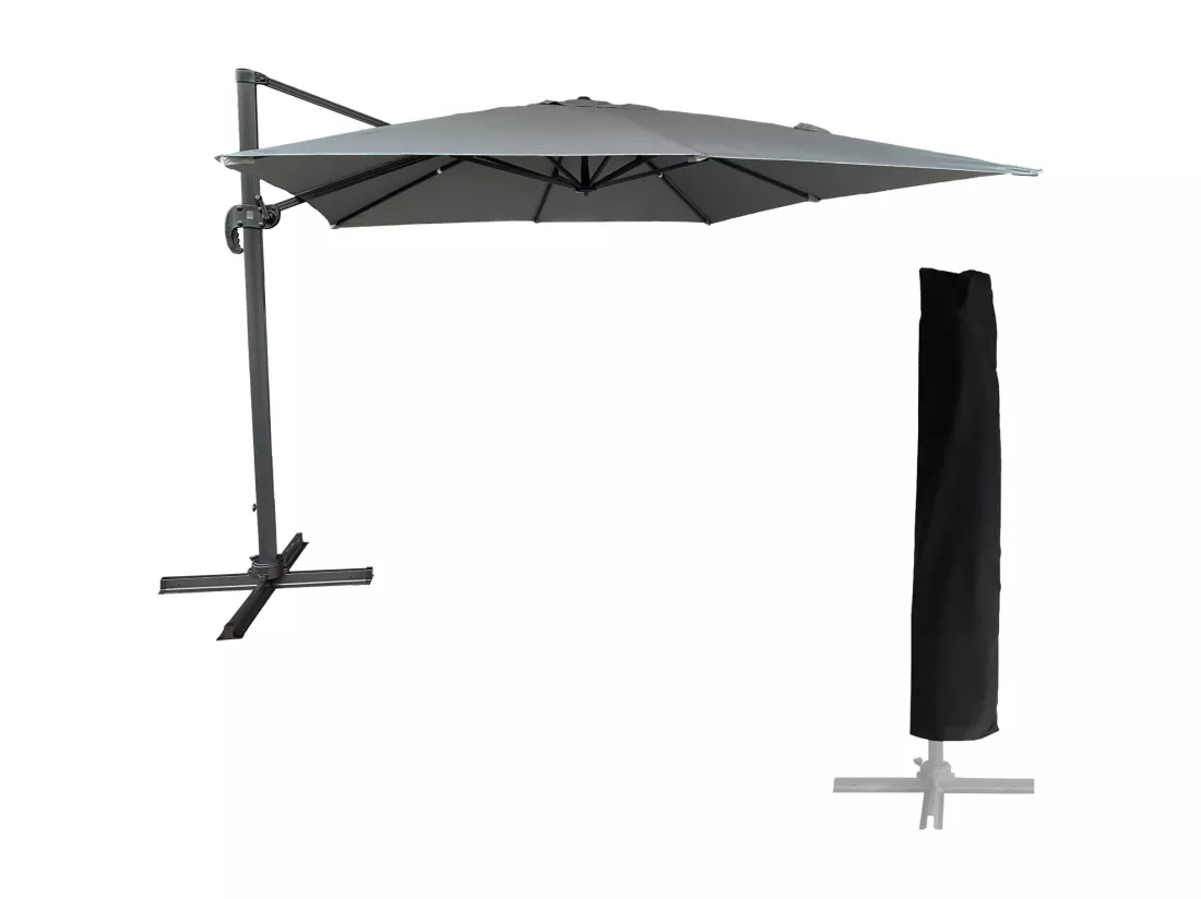 Parasol déporté MOLOKAI carré 3x3m gris + housse - HAPPY GARDEN