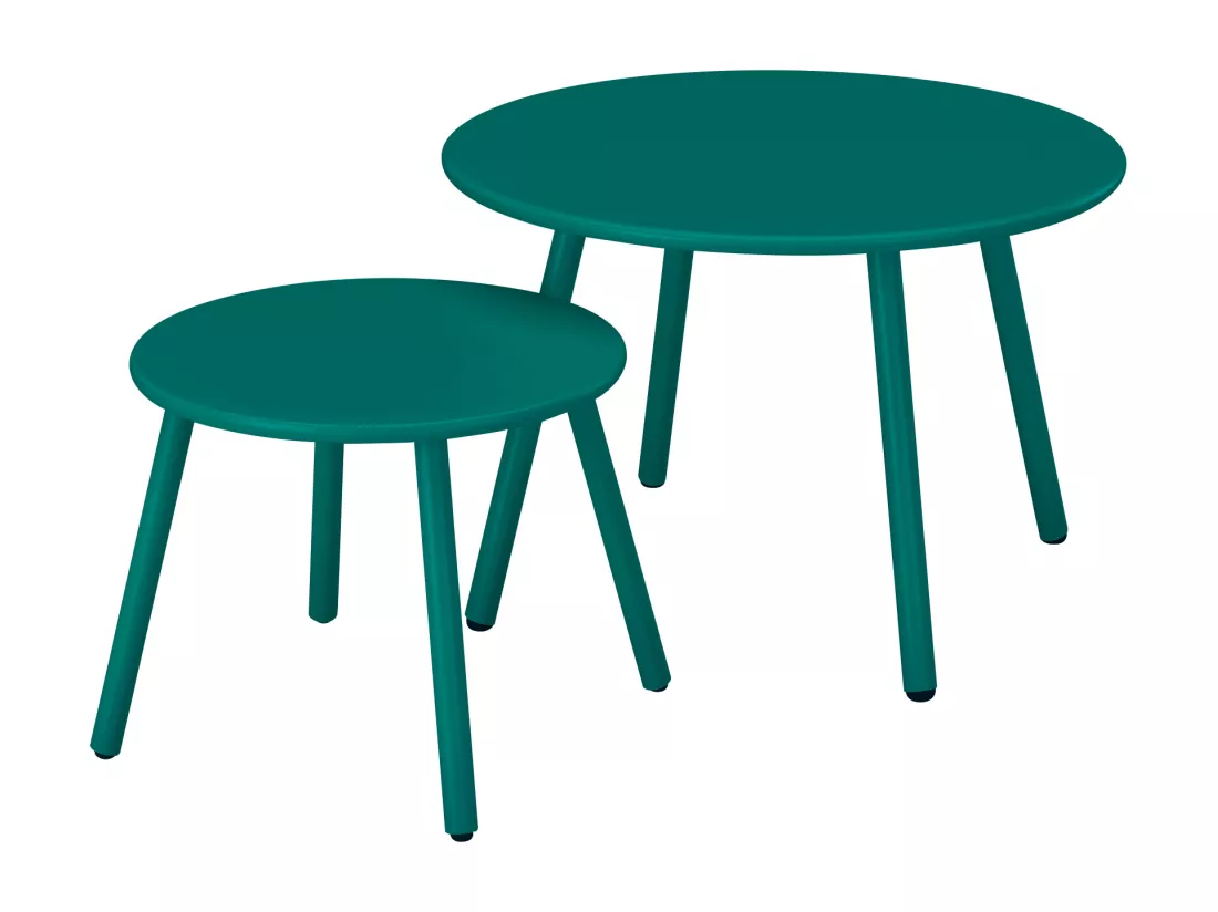 Salon de jardin en métal - 2 fauteuils bas empilables et tables gigognes - Bleu canard - MIRMANDE de MYLIA