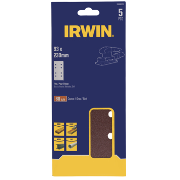 Irwin schuurvel 230 x 93 mm K60 voor klembevestiging, met perforatie voorBosch, Skil, Gamma, Makita, Metabo, 5 stuks.