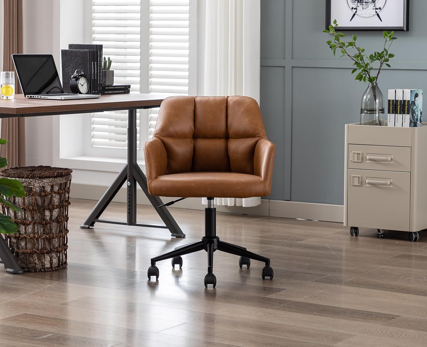 Bürostuhl PU-Kunstleder mit Rollen, Drehstuhl höhenverstellbar Schreibtischstuhl Dicker Rückenlehne Homeoffice Stuhl komfortabler für Arbeitszimmer, Schlafzimmer,Braun