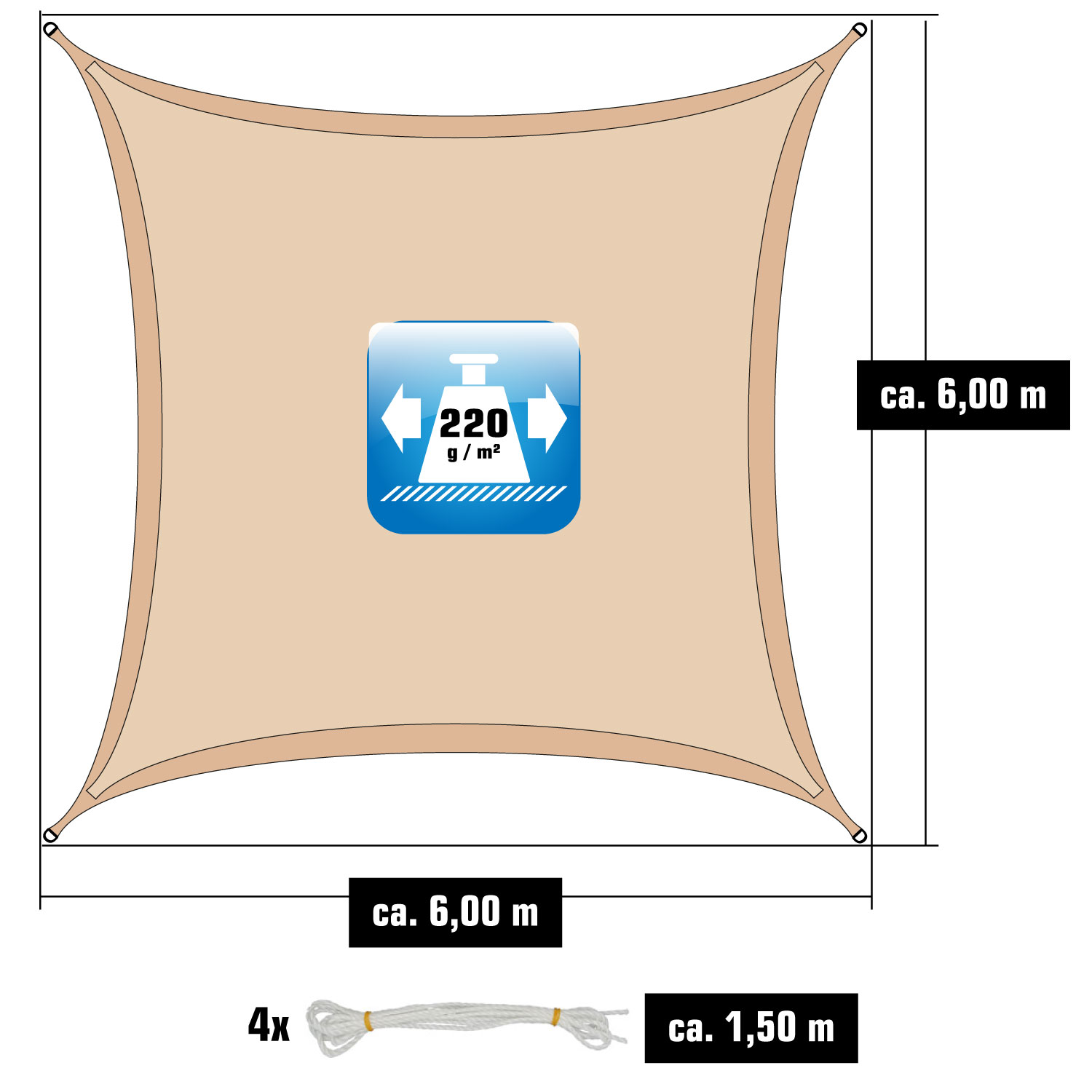 AMANKA 6x6m beige HDPE waterdoorlatend schaduwdoek