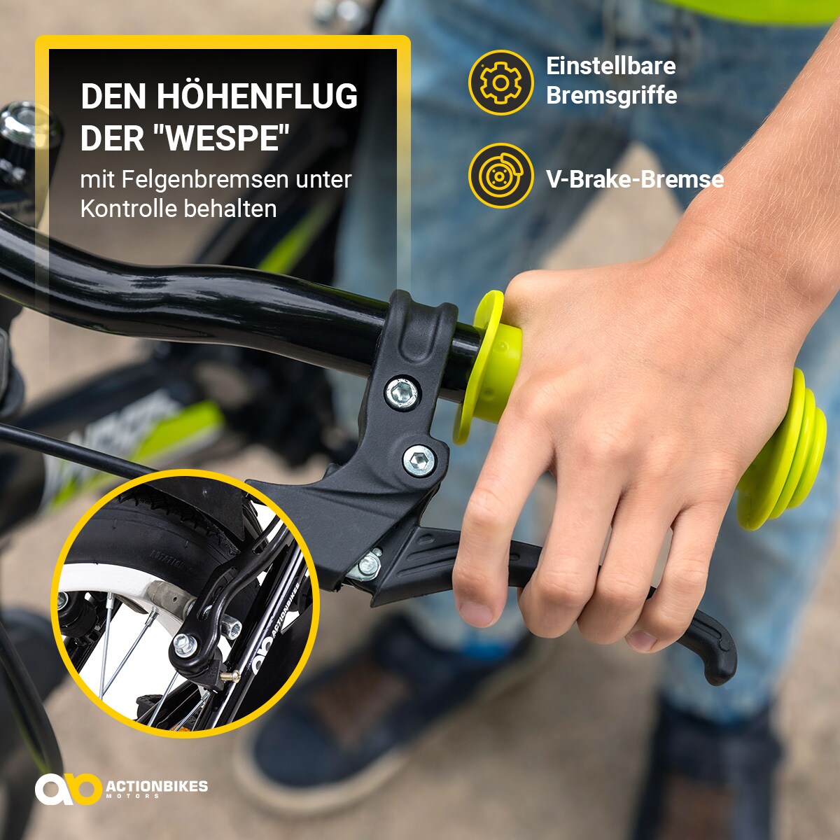 Actionbikes Kinderfahrrad Wasp 20 Zoll, Fahrradständer, Schutzbleche, verstellbar, V-Brake-Bremsen (Schwarz-Grün)