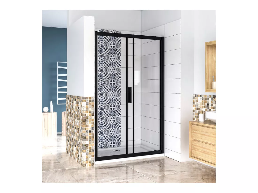 Porte de douche 140x195cm avec l'amortisseur - Noir Mat - Porte de douche coulissante en 8mm verre anticalcaire
