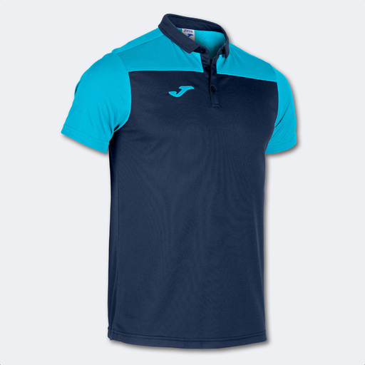 Camisa polo de manga curta Joma Hobby II, azul marinho turquesa fluorescente.