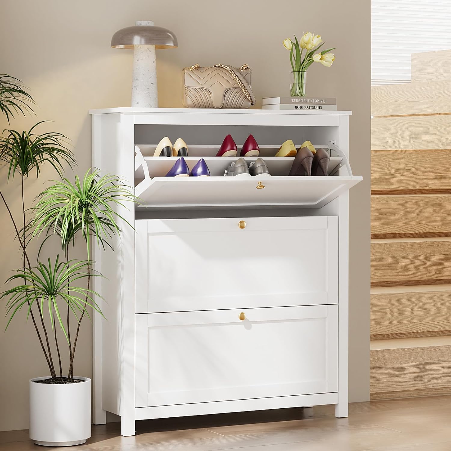 VOWNER Schuhschrank mit 3 Klappen, Schuhregal Schuhkipper Schmal, Schuhschrank Weiss, mit 6 Fächern, Schuhablage Verstellbar, 90 x 30 x 110 cm, für Eingangsbereich, Flur