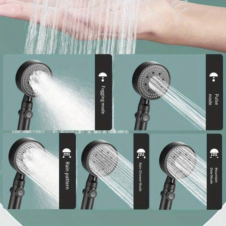 Universal Duschkopf Hand Brause Massage Düse mit 5 Strahlmodi   On/Off Knopf - Schwarz