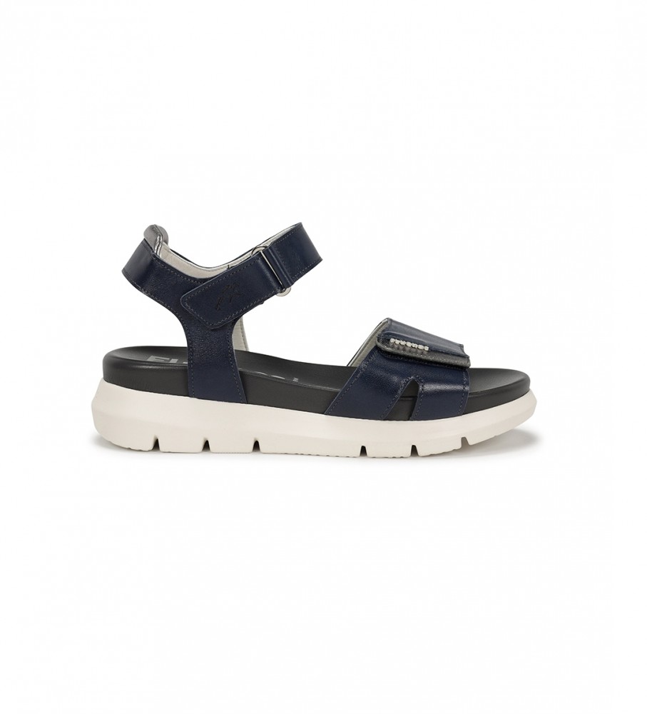 Sandálias Fluchos Hellen em couro, modelo F1708, cor azul marinho - Salto plataforma de 5 cm -