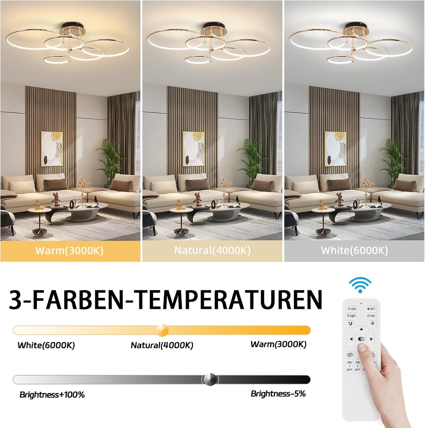 LED Deckenleuchte Modern Design Deckenlampen Gold 5-Ring Lampen Dimmbar Wohnzimmerlampe mit Fernbedienung, Aluminium Led Beleuchtung für Wohnzimmer Schlafzimmer Küche Esszimmer Büro 93cm, 108W…