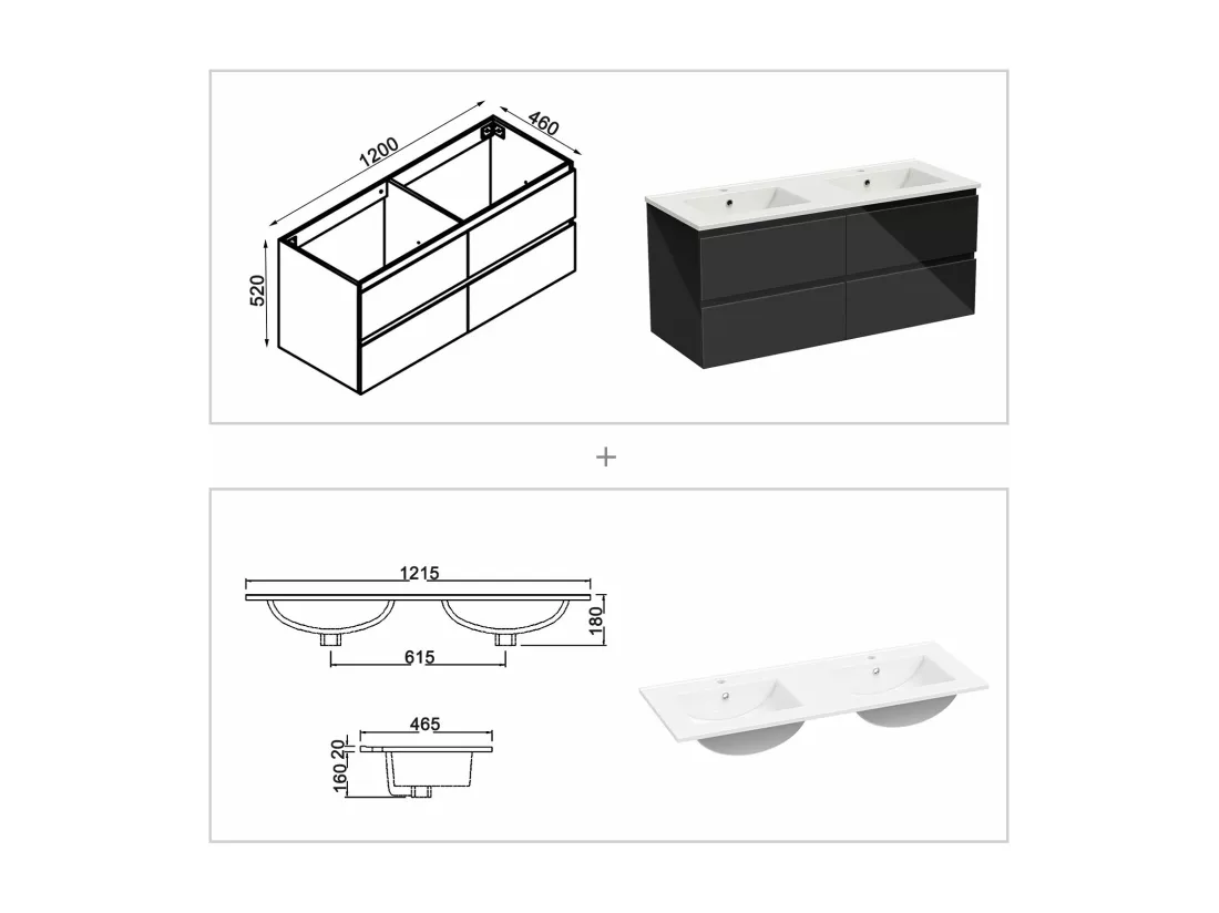 AICA Ensemble meubles salle de bains noir 120cm,lavabo+Miroir Lumineux antibuée,3 couleurs dimmable+mémoire