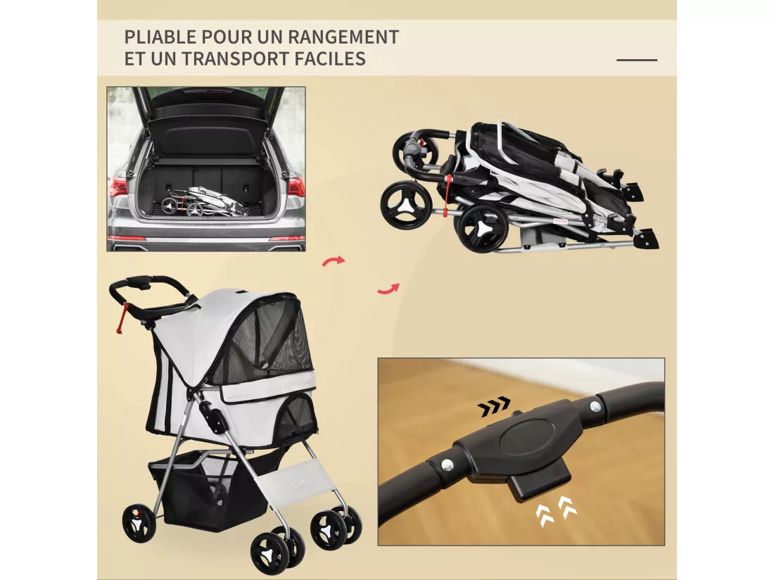 Poussette buggy pour chiens 75L x 46l x 94H cm pliable imperméable tissu 600D Oxford 4 roues gris