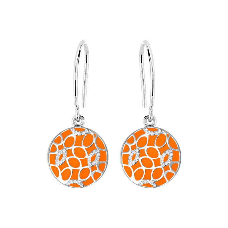 Boucles d'oreille en argent rhodié avec émail orange et oxydes de zirconium