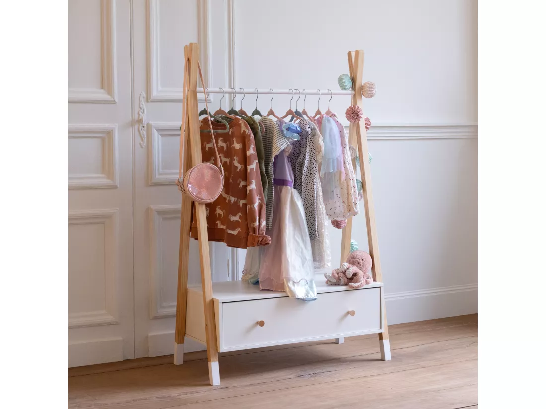 Penderie pour enfant bois et blanche avec tiroir LOU - HAPPY GARDEN