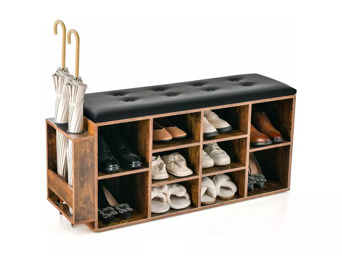 Banc à Chaussures avec Porte-Parapluie, Banc de Rangement 10 Compartiments avec Coussin Rembourré, Style Industriel, Charge 300 kg (Marron Rustique)