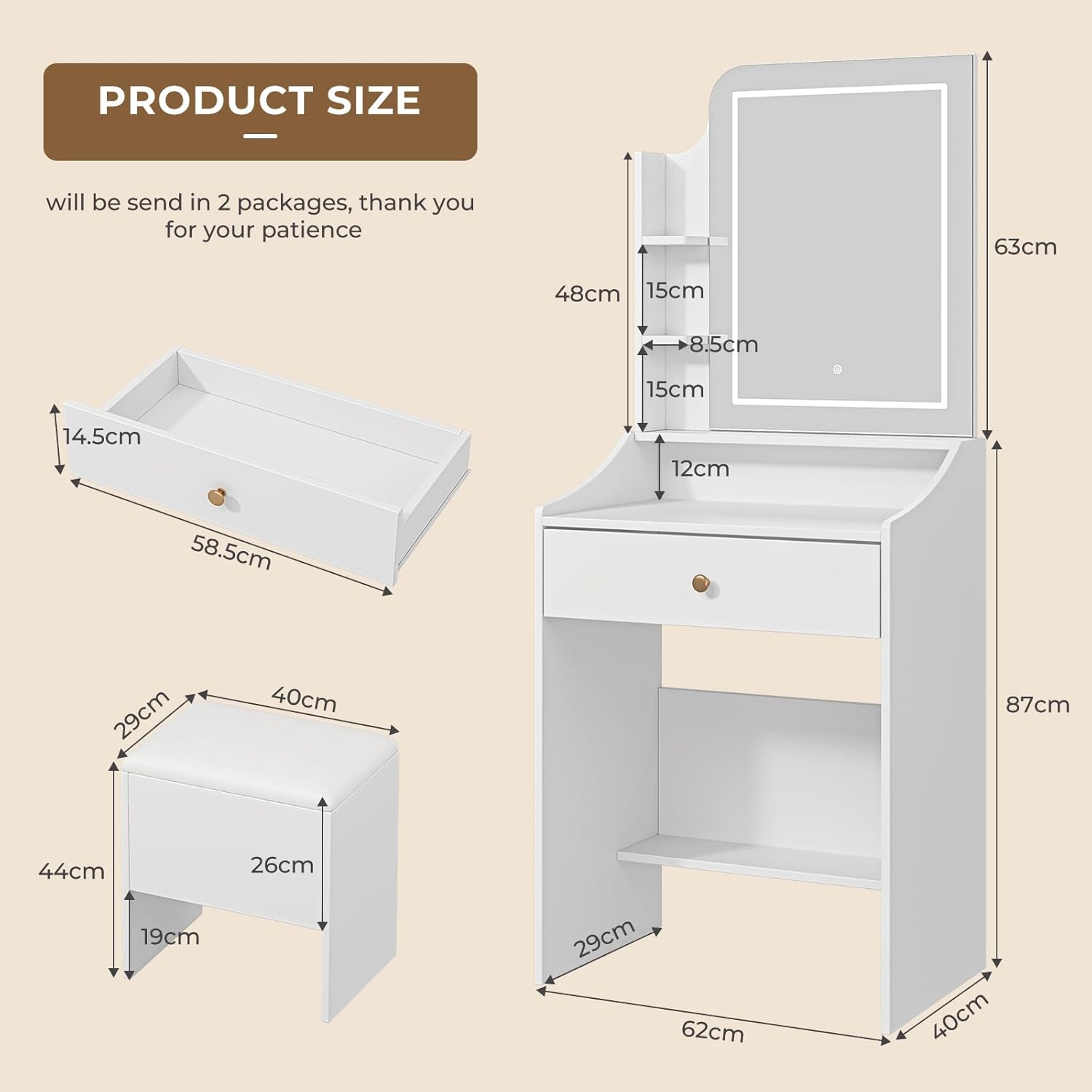 Dripex Schminktisch mit Beleuchtung, Kosmetiktisch mit Hocker und Spiegel, 3 Farben mit Einstellbarer Helligkeit, Vanity Desk für Make Up, 62x150 cm, Weiß (62Bx150H)