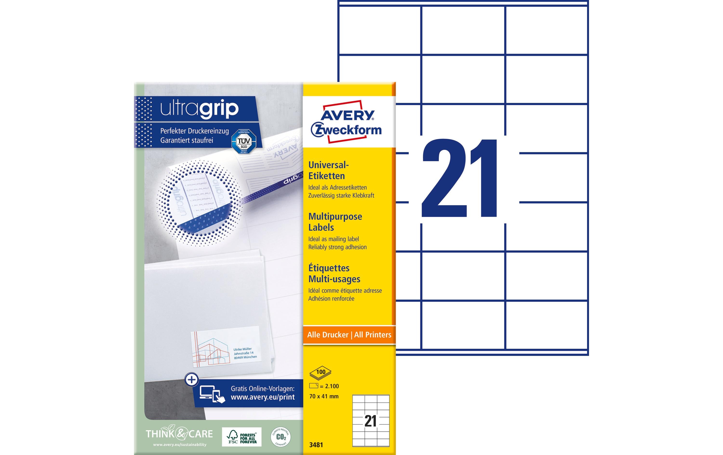 Universal-Etiketten 3481 70 x 41 mm, 100 BlattWeisse Aufkleber, permanent haftend