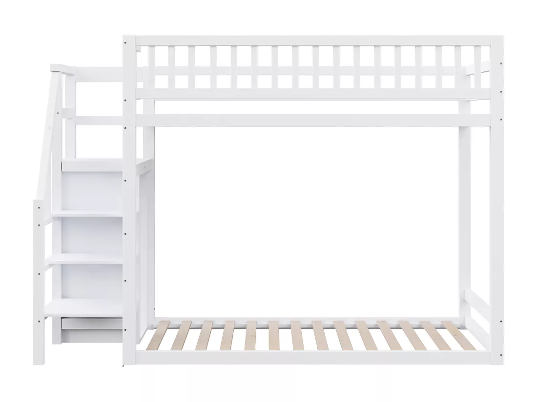 Lits superposés 2 x 90 x 200 cm avec armoire et échelle - Pin+MDF - pour enfant - Blanc (sans matelas)