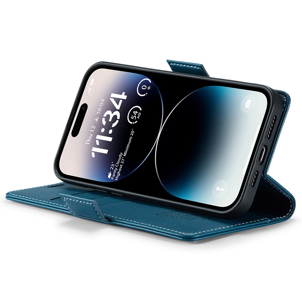 iPhone 15 Pro Max Leder Tasche Flip Wallet Etui mit Kartenfächern Litchi Look (RFID Schutz) - Blaugrün