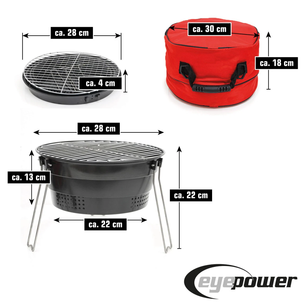 Faltbarer BBQ Grill mit Kühltasche - Ø 28cm Holzkohlegrill Campinggrill Klappbar