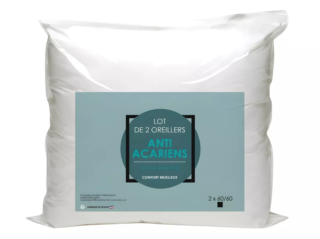 Lot de 2 oreillers Microfibre Anti-Acariens 60x60cm