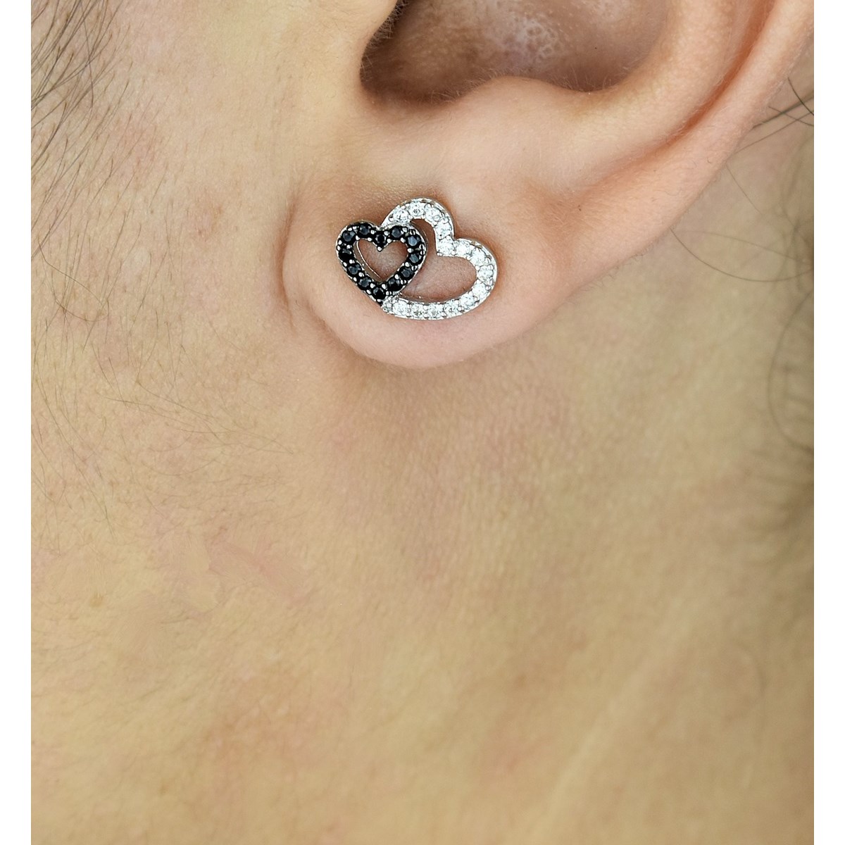 Boucles d'oreilles 2 coeurs oxyde de zirconium blancs et noirs Argent 925 Rhodié