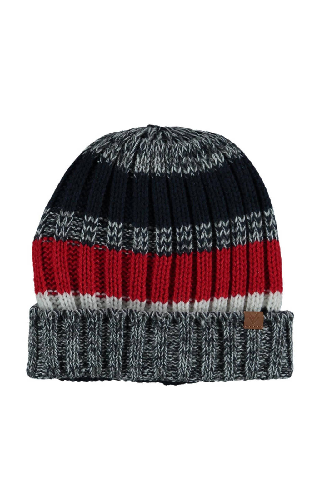 rib gebreide muts met strepen grijs/rood