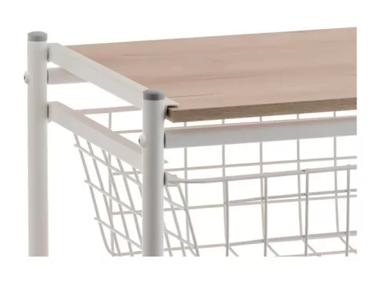 Desserte de cuisine KARINA, 3 grands paniers coulissants et porte-bouteilles, Blanc-Hêtre