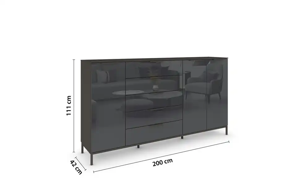 Highboard Basaltgrau, Graphit Basaltgrau, Graphit Front: Glas, Oberboden: Dekor Graphit