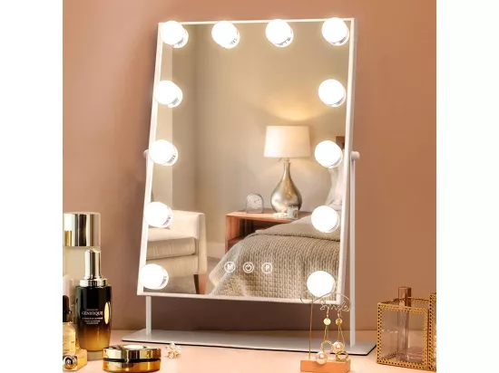 Miroir Maquillage Lumineux 30x41cm,Miroir LED 12 Lumières Miroir Hollywood Rotation à 360° Miroir Coiffeuse Contrôle Tactile,Blanc