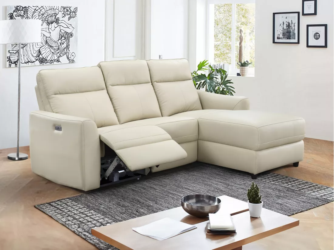 Canapé d'angle droit relax électrique en cuir beige ISPICA