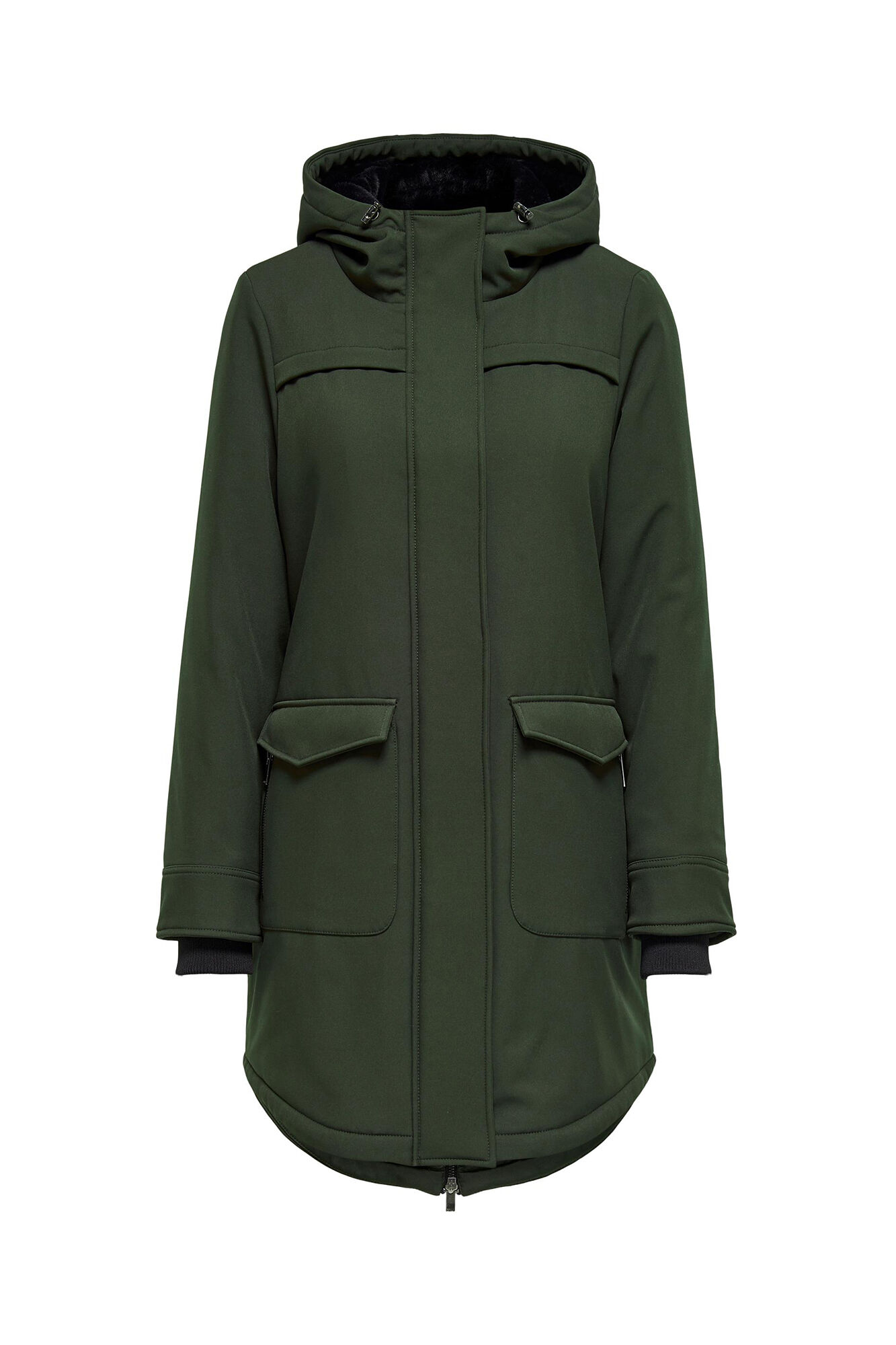 Parka de comprimento 3/4 com capuz e bolsos.