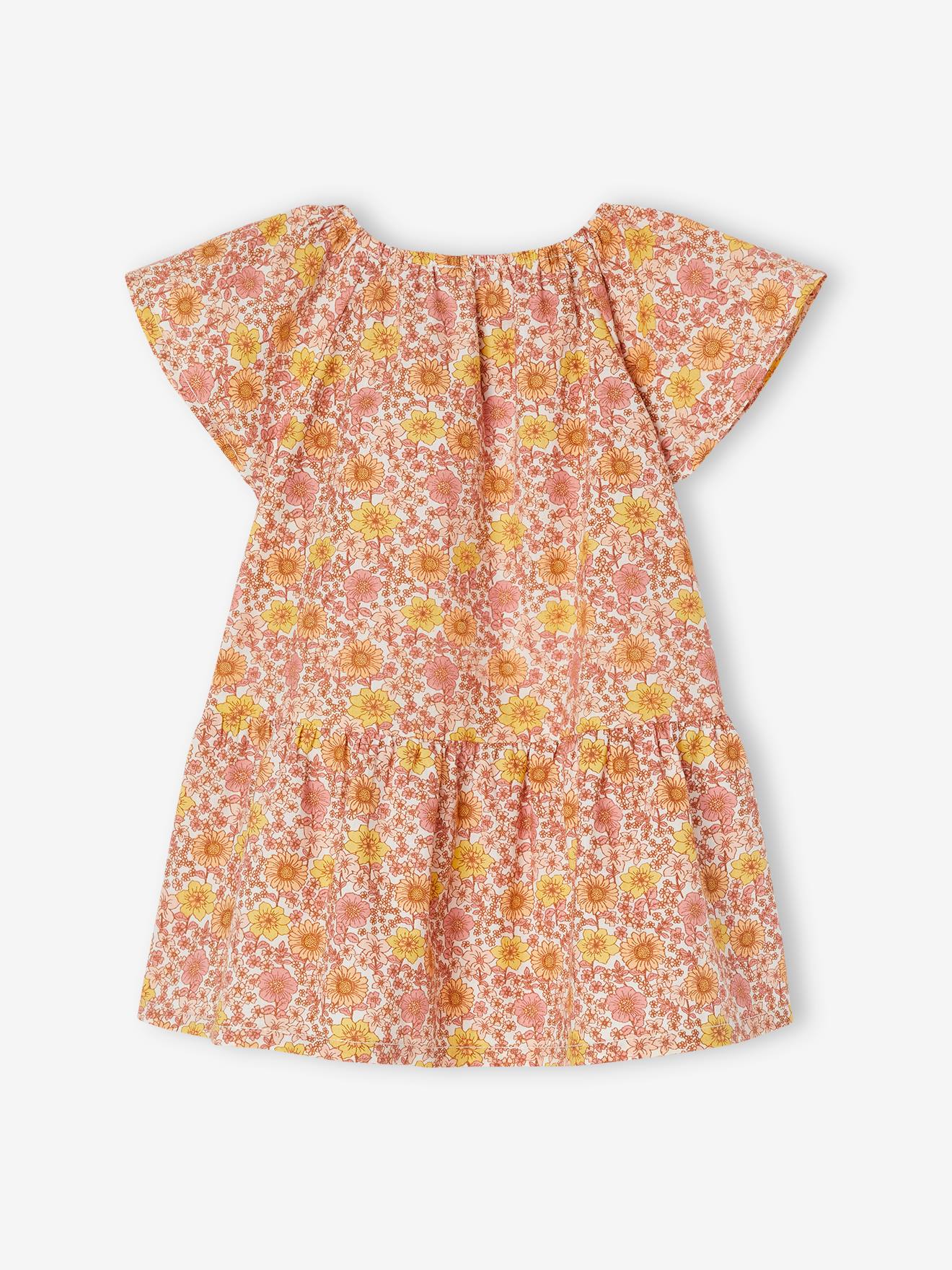 Vestido infantil com estampa floral e mangas borboleta, estampa branca.