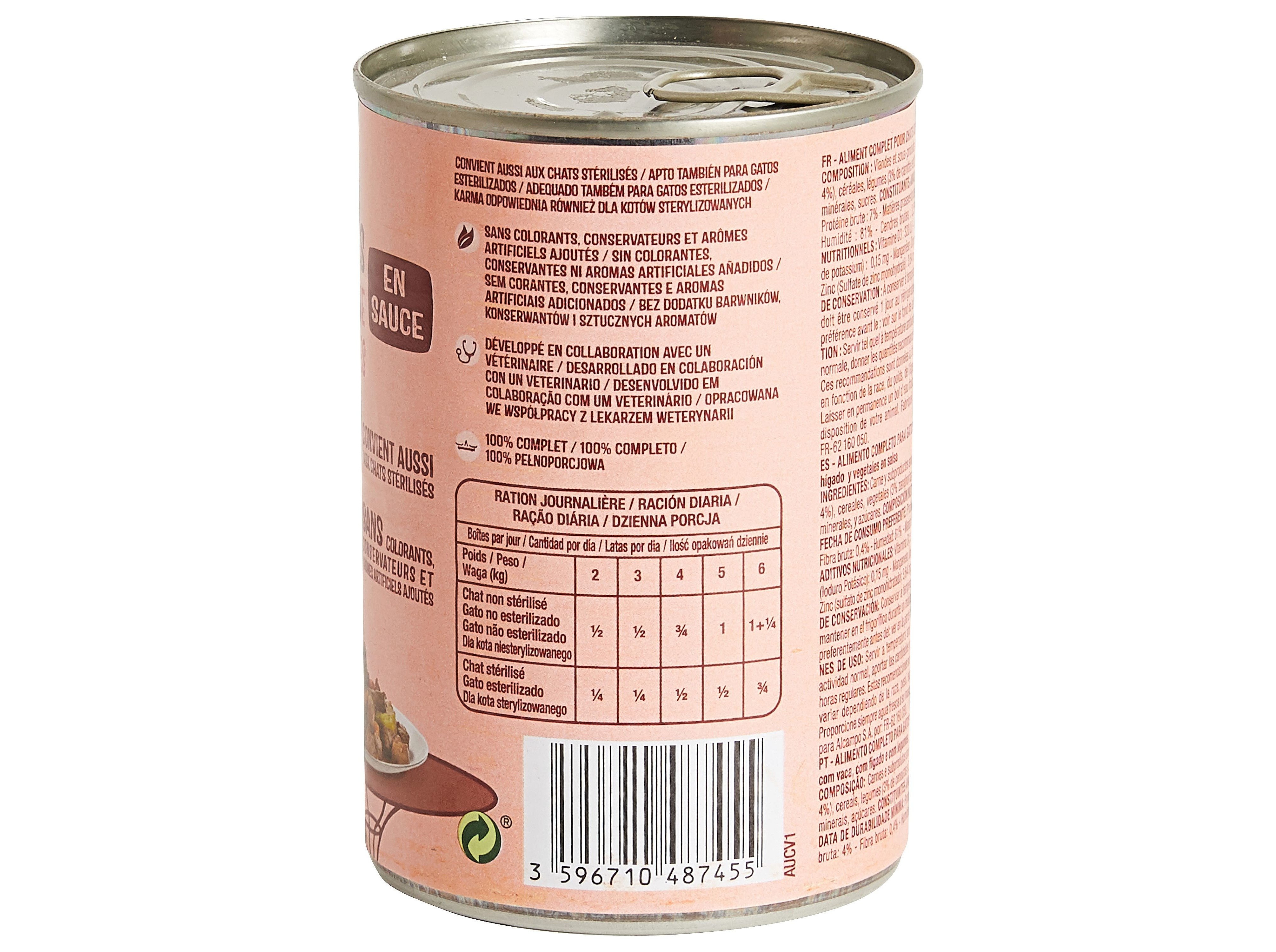 COMIDA HÚMIDA PARA GATO AUCHAN PEDAÇOS EM MOLHO COM VACA COM FÍGADO E COM LEGUMES 400G