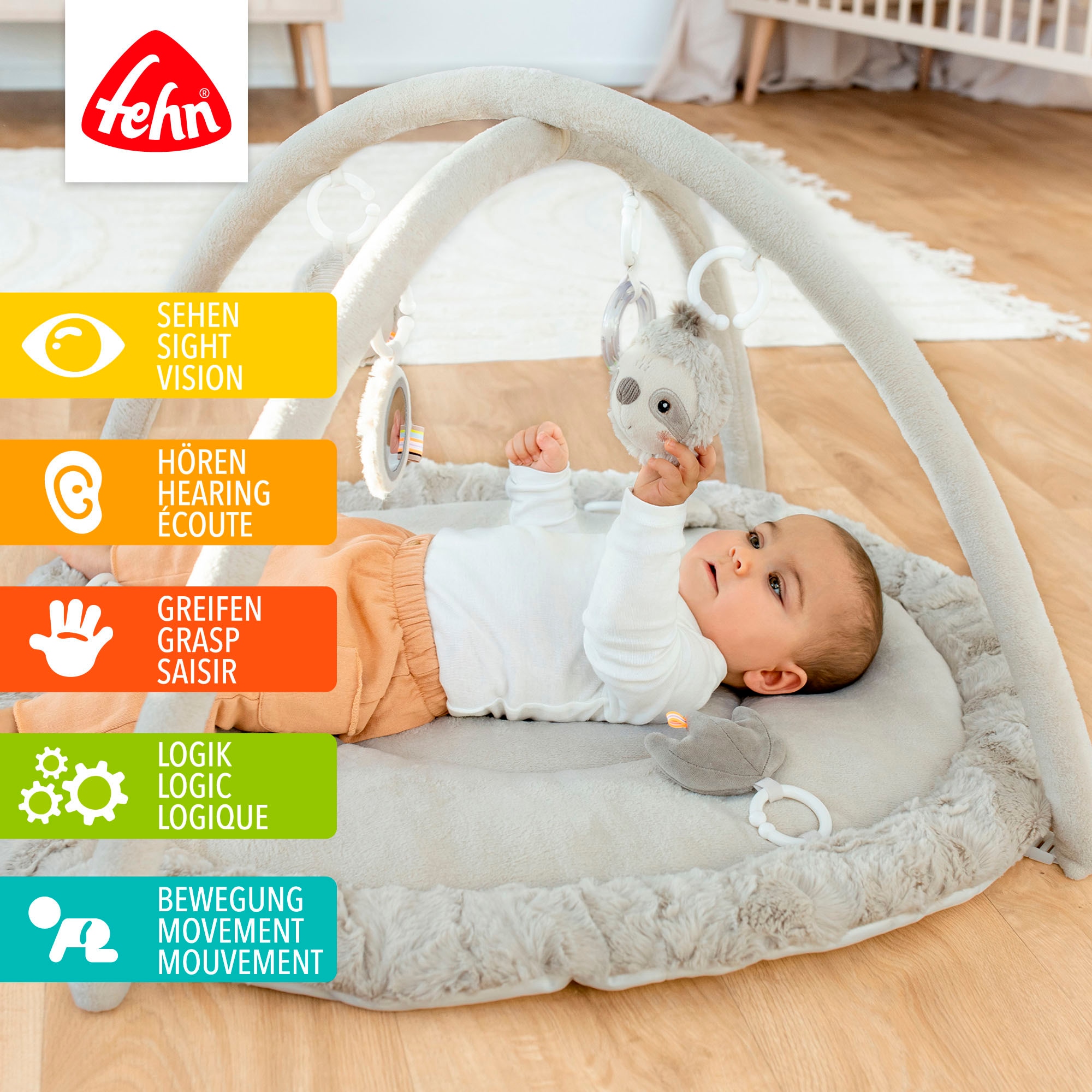Fehn Spielbogen »Lazy, Crazy & Pink, Faultier, 3-D-Activity-Decke« mit 5 abnehmbaren Spielzeugen