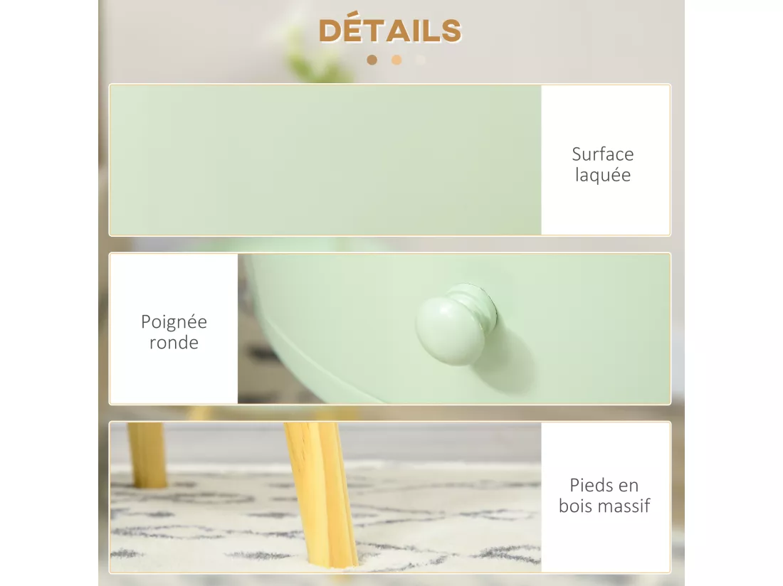 Chevet table de nuit ronde design scandinave tiroir bicolore pieds effilés inclinés bois massif chêne clair vert