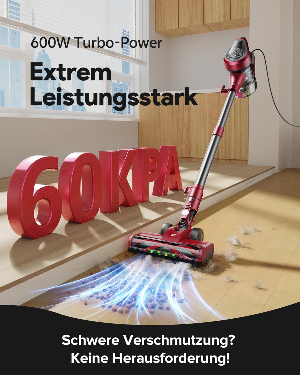 Vexilar C8 6-in-1 Staubsauger, 60KPa Staubsauger mit Kabel, 600W Vacuum Cleaner, 7M Handstaubsauger, Stielstaubsauger mit Kabel mit Bürstenrolle, 1.5L Staubbehälter mit Handgriff für Tierhaare