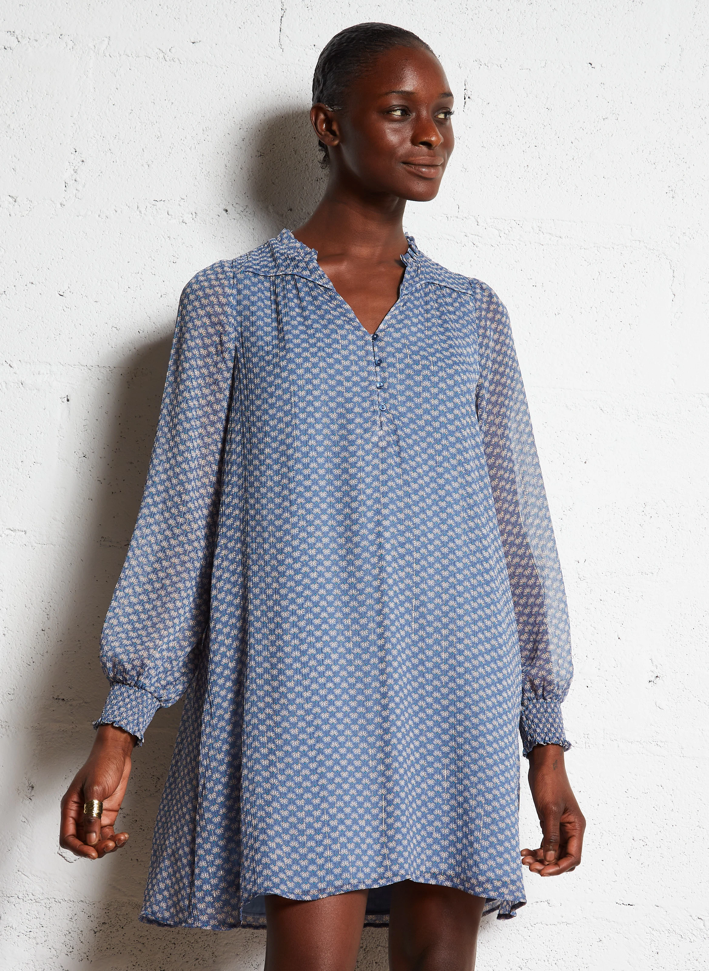 MACHA - Robe col tunisien ample imprimée | Bleu