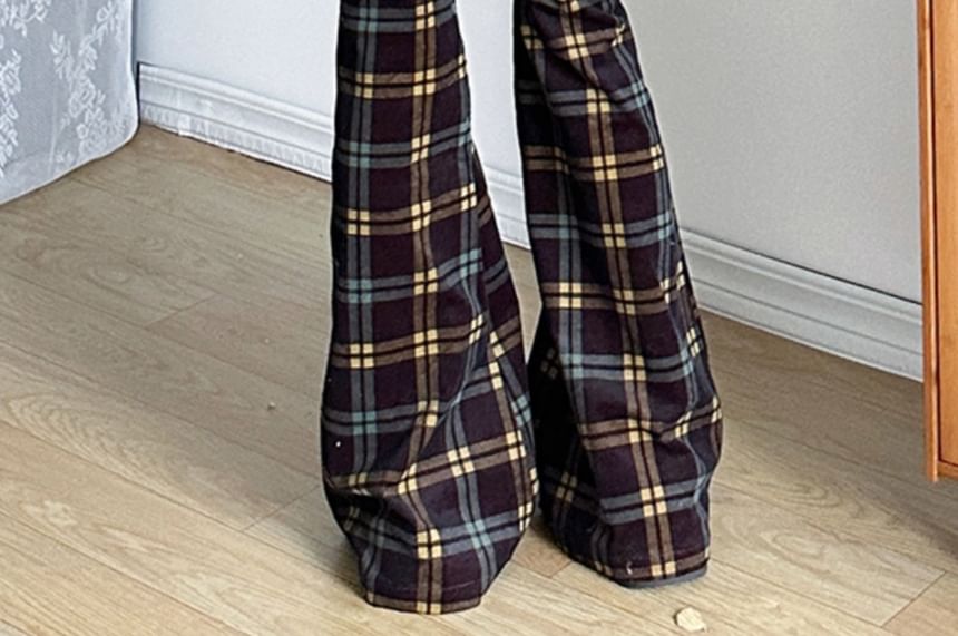GAGAO - Middelhoge geruite corduroy uitlopende broek
