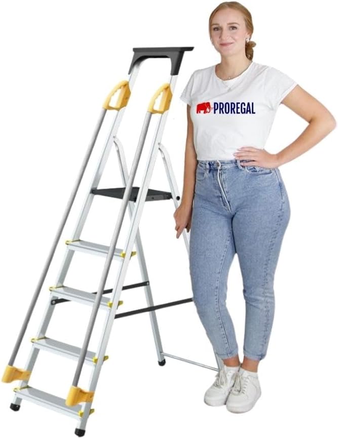 PROREGAL Trapladder met gereedschapsplank en leuning Economy Basic Enkelzijdige toegang 5 treden Werkhoogte 2,97 m Draagvermogen 150 kg