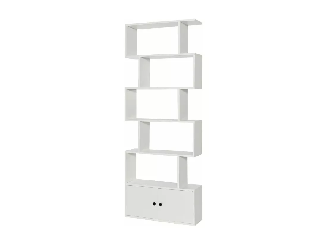 Bibliothèque à 6 niveaux avec 2 portes-70 x 23 x 183 cm-étagère de rangement en bois forme en S, Blanc