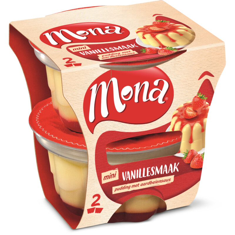 Mona Pudding vanille met aardbeiensaus duo