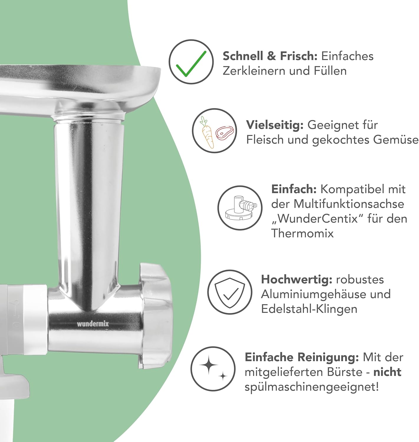 Wundermix - WunderCentix® Achse + Fleischwolf Aufsatz für Thermomix TM6 TM5 • Edelstahl • mit Wurstfüller für Burger, Wurst & Spritzgebäck • Thermomix Zubehör Fleischmaschine elektrisch