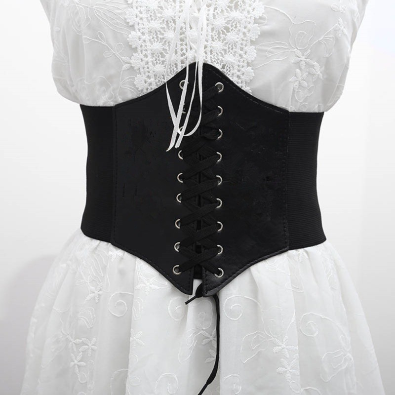 (Ø32cm) Elastische Damen Corsage Verstellbares Leder Taillen Korsett - Schwarz
