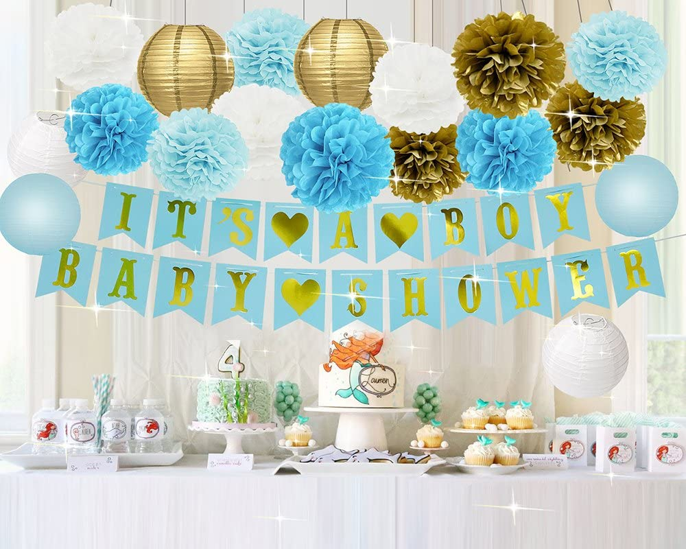 (22-tlg. Set) Baby Shower Party Deko Lampions / Pompon's / Girlande - It's a Boy