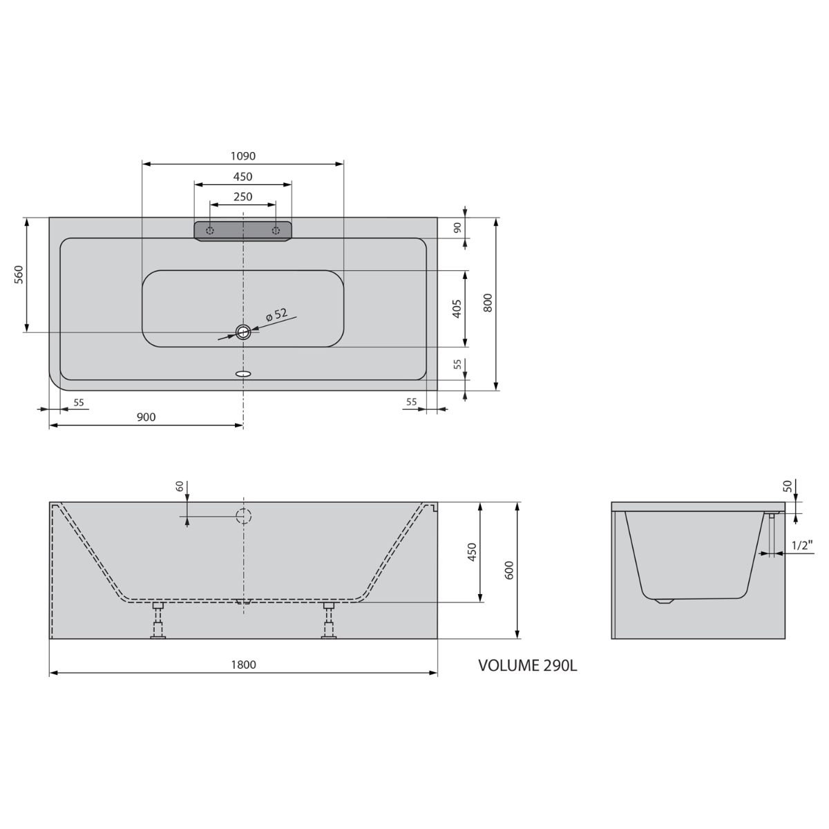 Polysan Monolith Cascata rechts half vrijstaand bad met RVS waterval uitloop 180x80cm