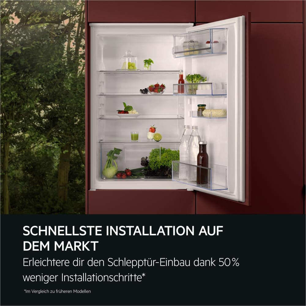 AEG Einbau-Kühlschrank 88 cm ohne Gefrierfach, Serie 5000 OptiSpace: 3x vielfach verstellbare Glasablage, großer Kühlraum (142L), LED-Beleuchtung, mechanische Steuerung, Schlepptür-Technik, TSK5O881ES