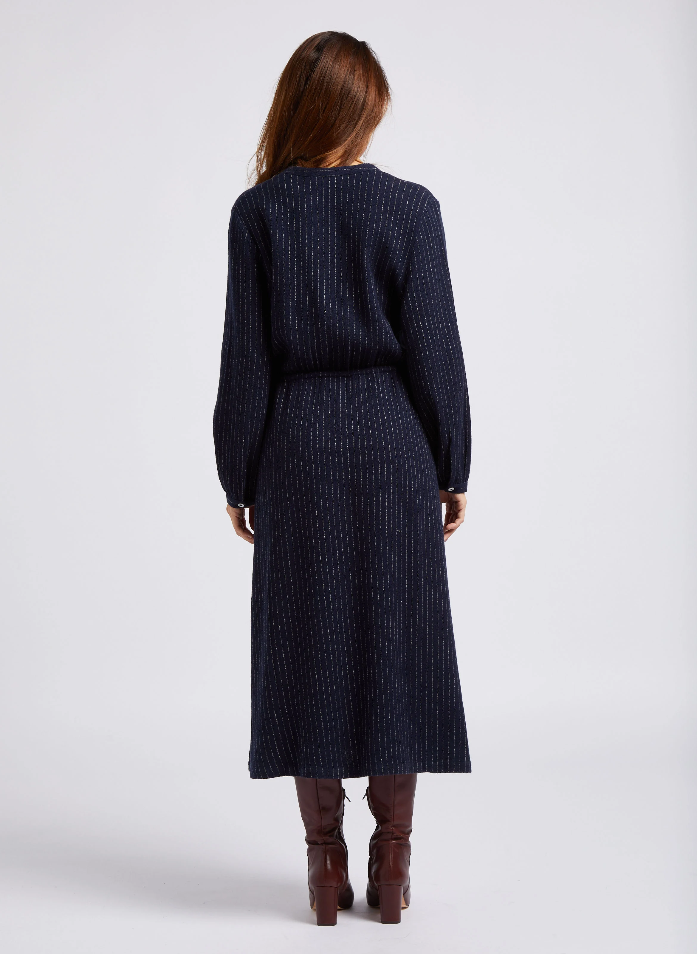 Robe midi col tunisien rayée | Bleu