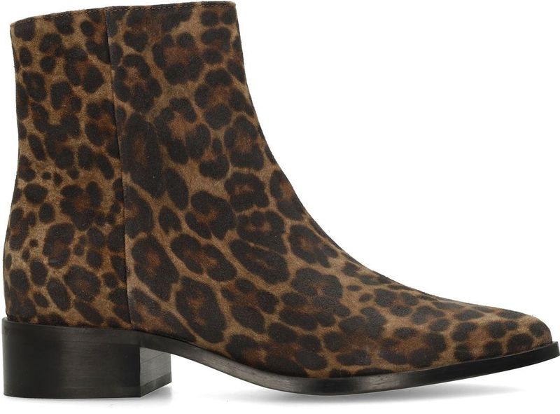 Manfield - Enkellaarsjes - Cognac/Zwart - Suède - Panterprint