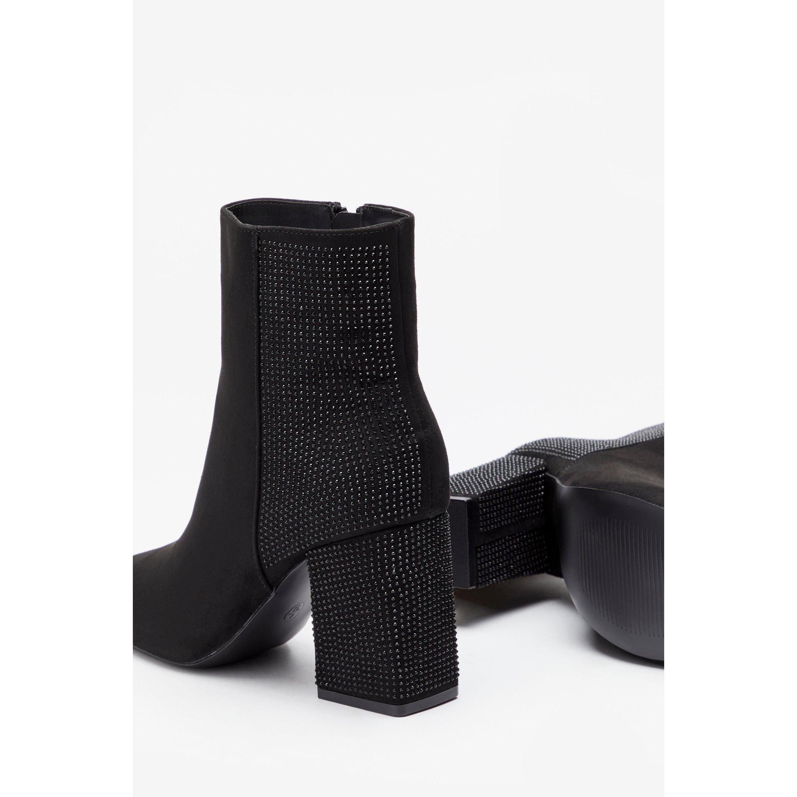 Be You Studio Diamante Block Heel Faux Suede Boot